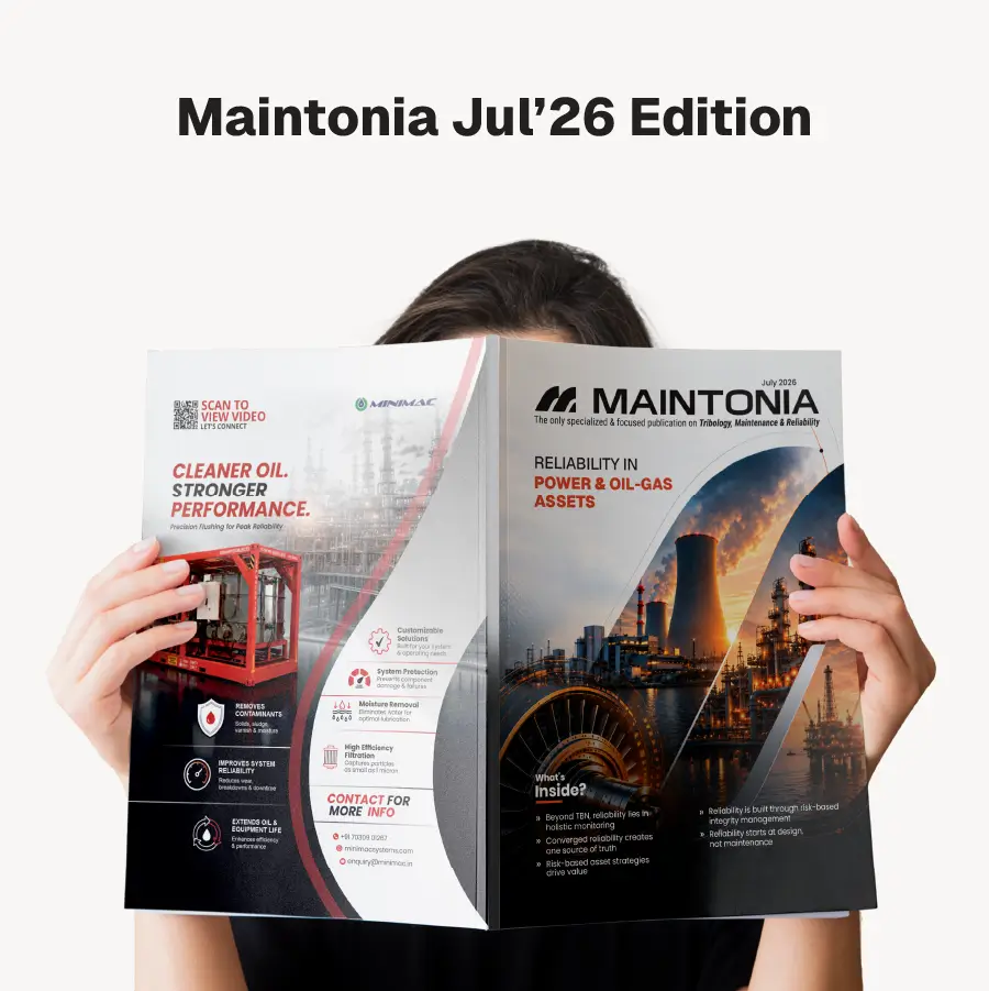 Person holding the Maintonia Sep'25 magazine edition featuring smart maintenance in steel and mining with industrial machinery imagery.