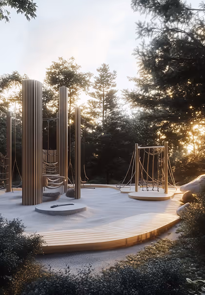 Дитячий майданчик у лісі на заході сонця