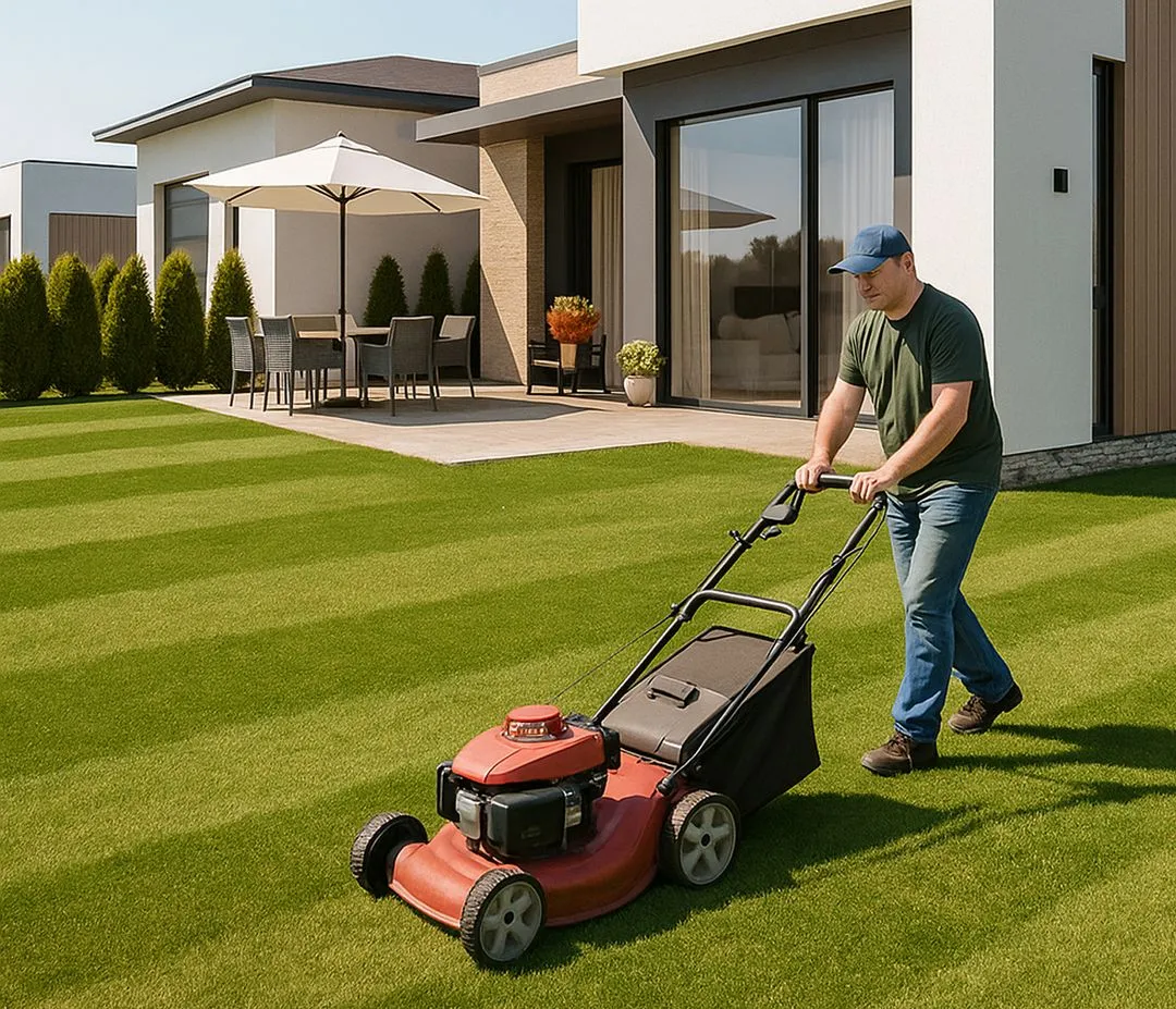Чоловік косить газон перед сучасним будинком із терасою та садовими меблями.