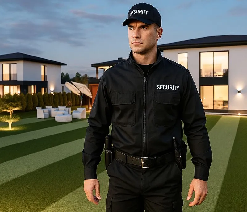 Охоронець у формі патрулює територію сучасного житлового комплексу ввечері.