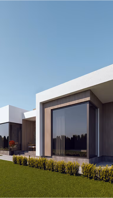 Сучасний одноповерховий будинок з великими панорамними вікнами та озелененою територією