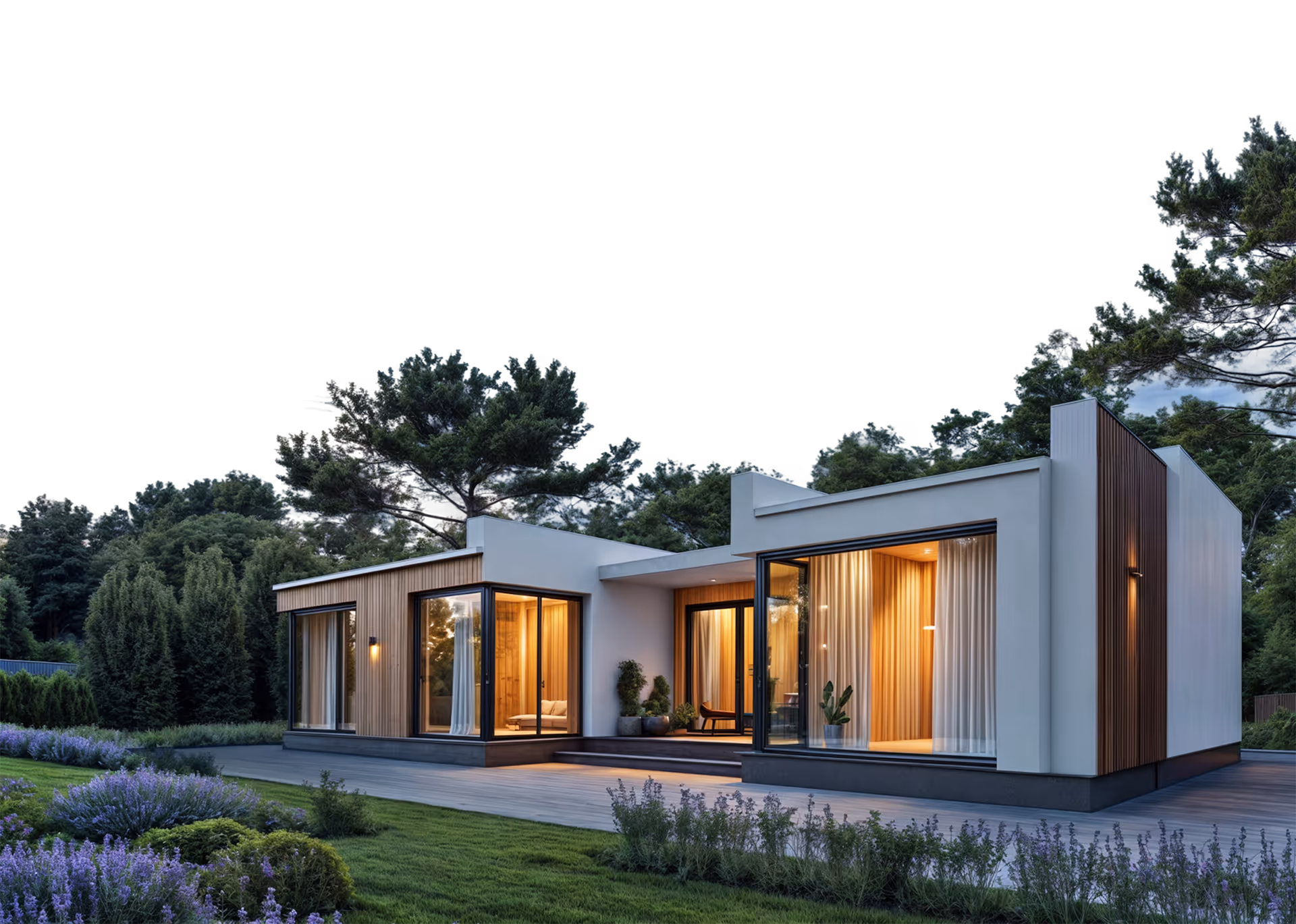 Сучасний будинок з дерева та бетону з великими вікнами, розташований серед природи біля лісу.