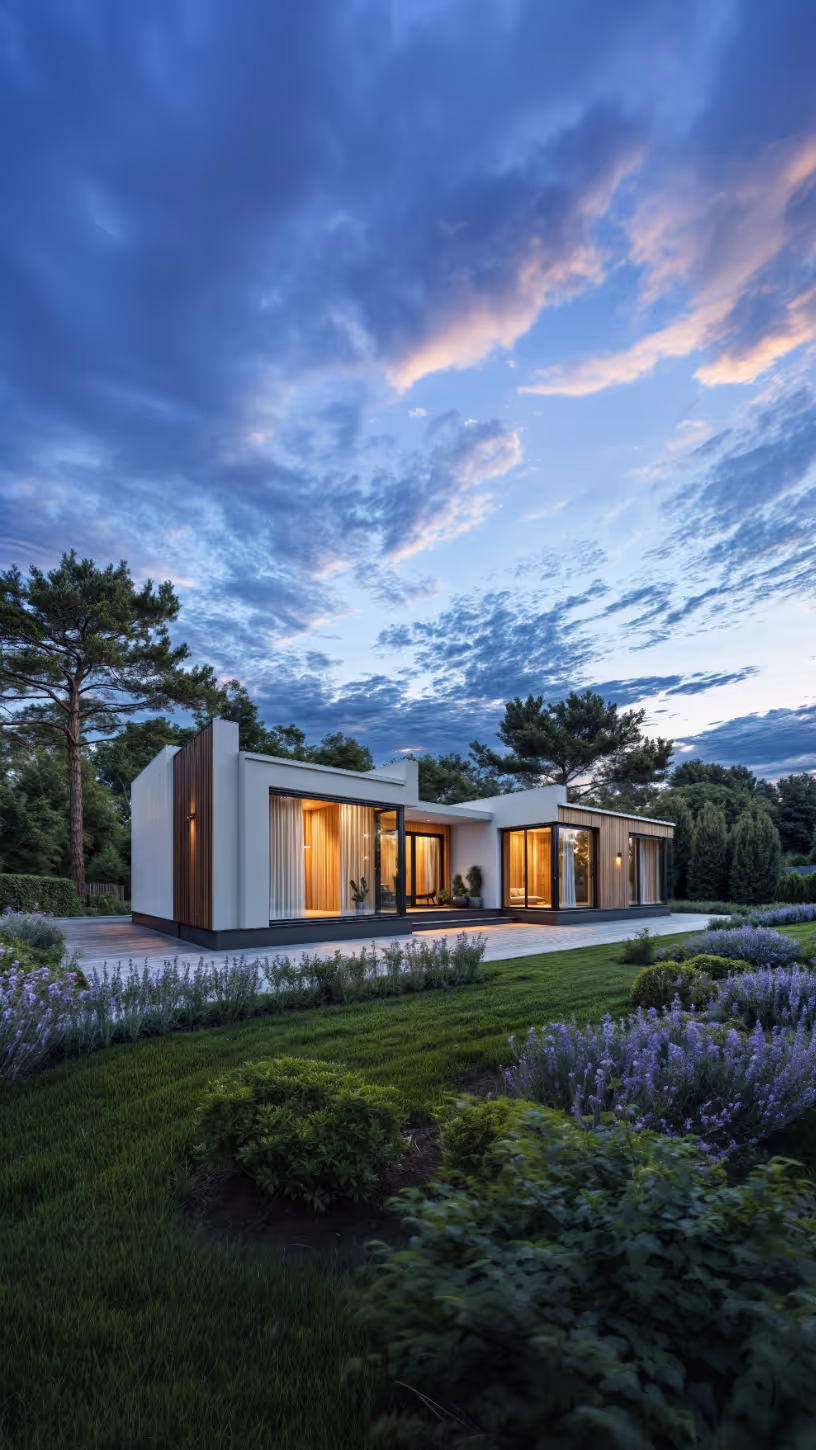 Сучасний будинок з дерева та бетону з великими вікнами, розташований серед природи біля лісу.