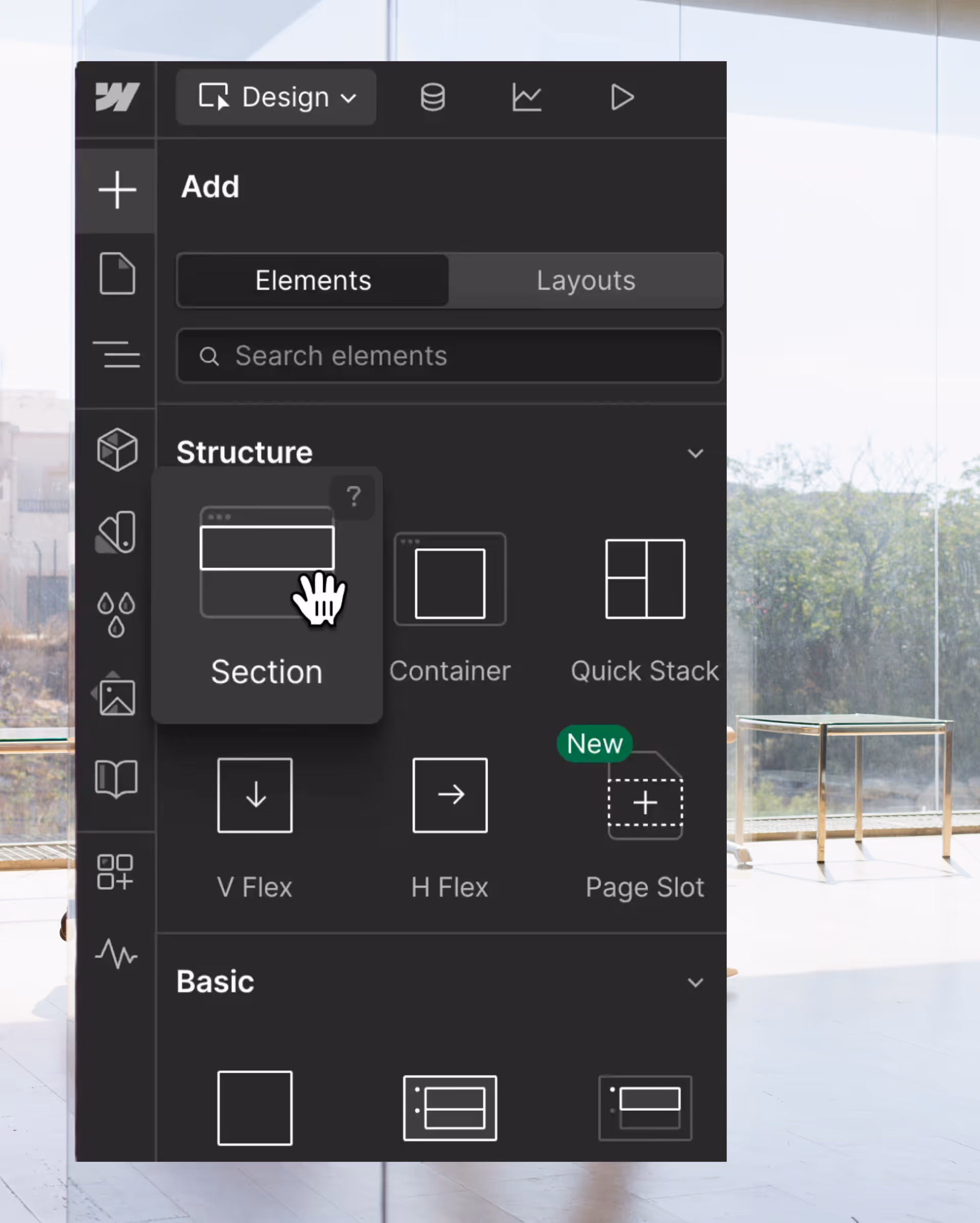 Webflow interface on a blurry background. 