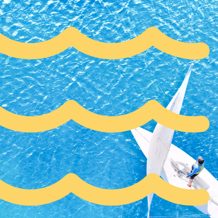 Sailboat on clear blue water with wave symbols