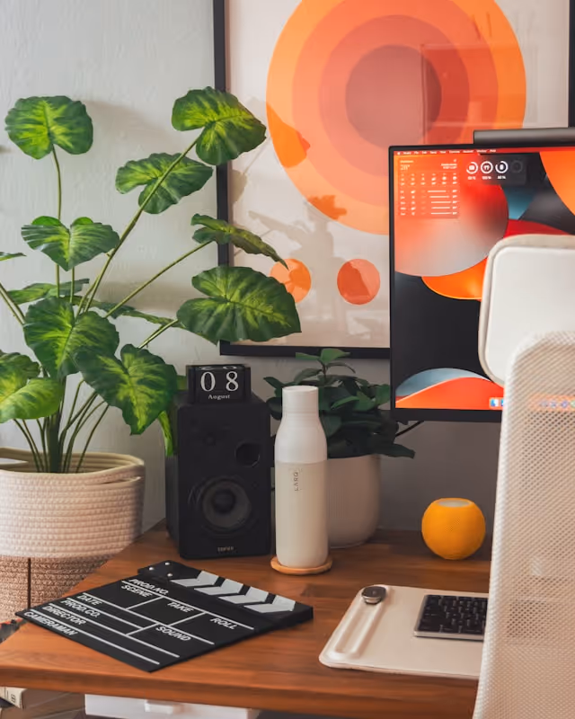 Working space with desk, computer and, Bauhaus illustration and a plant.