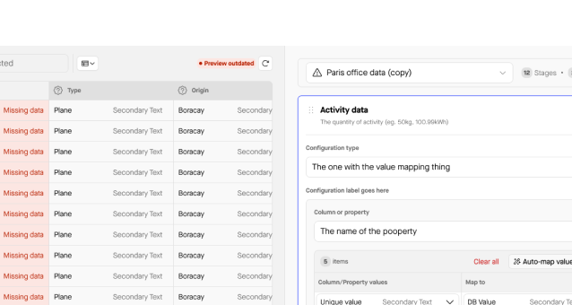 A screenshot of app UI showing a table of data with errors and a panel beside it that lets users remap and correct the errors