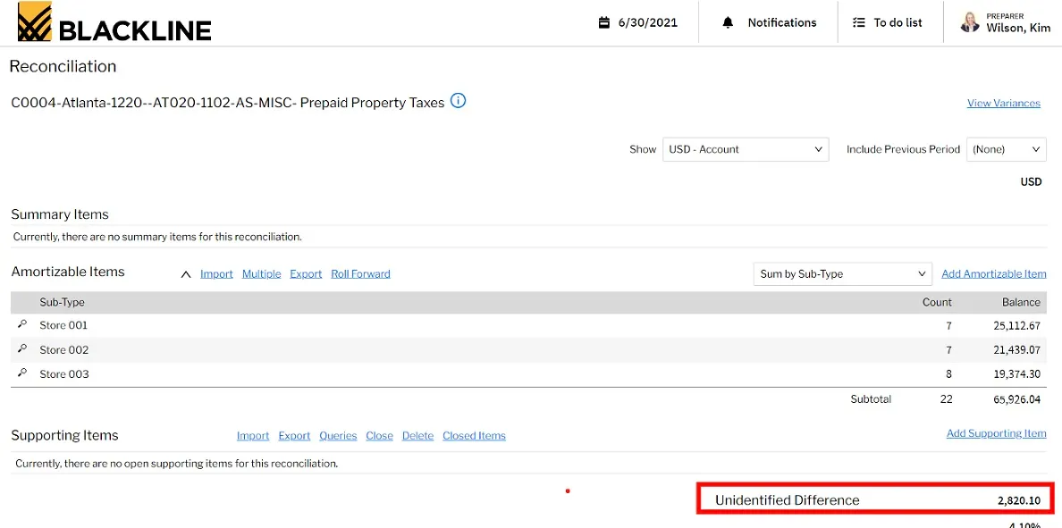Screenshot of a BlackLine prepaid property taxes reconciliation with amortizable items and a highlighted unidentified difference