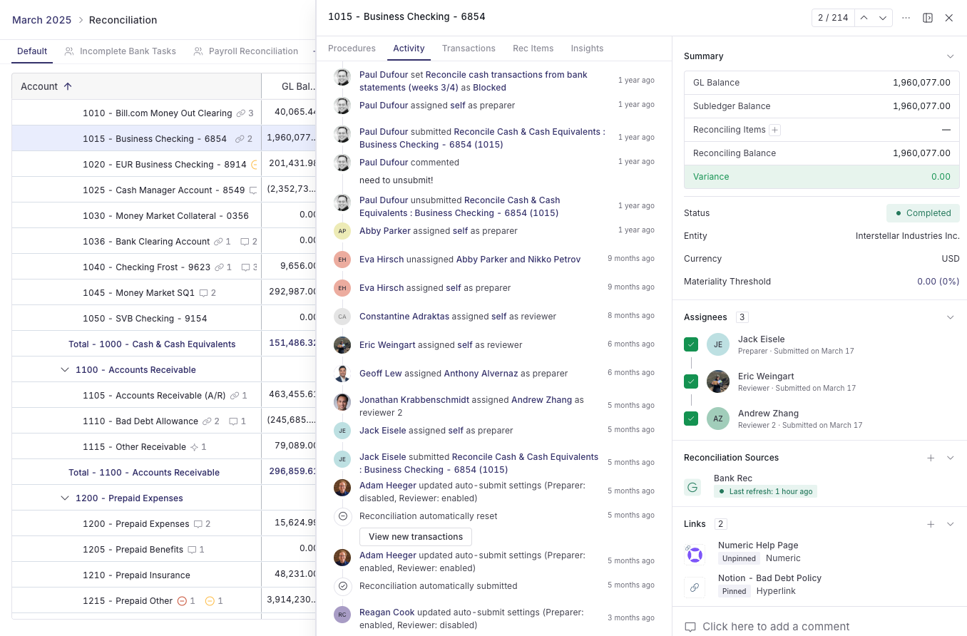 Screenshot of a completed Numeric reconciliation with its activity feed, linked bank source, and three sign-offs
