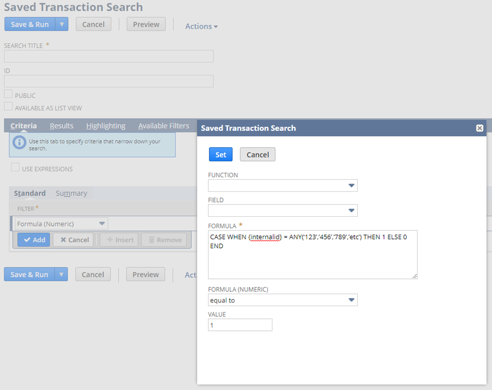 NetSuite saved search formula field showing SQL, an example of NetSuite reporting limitations