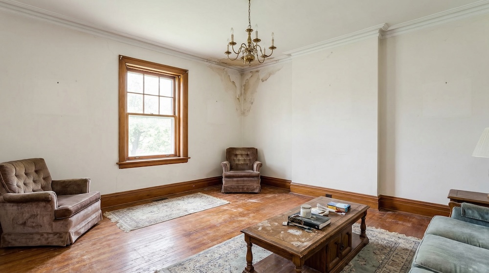 Interior room showing wear and condition issues in as-is home