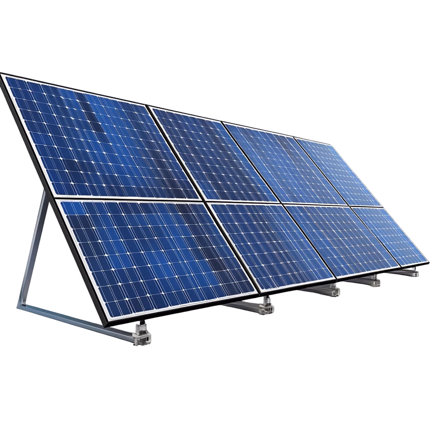 Four blue solar panels mounted on a metal stand at an angle.