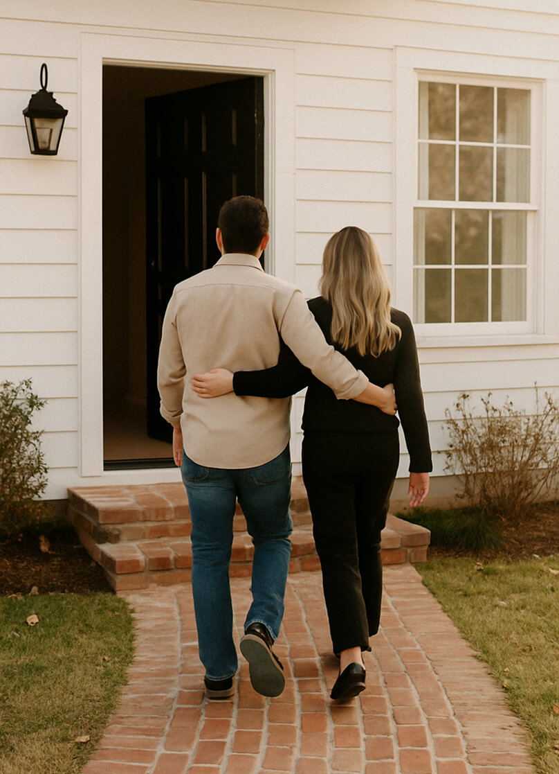 A couple with their arms around each other walking into a home.