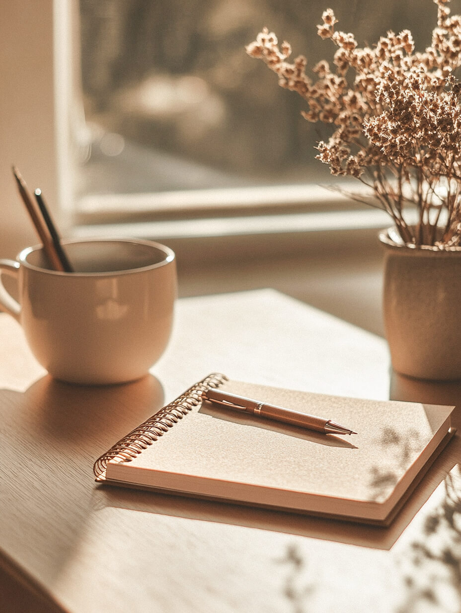 A notepad sitting on a table with a pen on it, and a plant and cup of coffee in the background.
