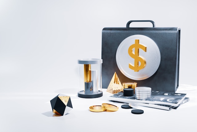 Business briefcase with dollar sign and financial objects on white background