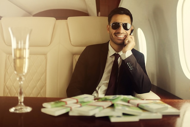 Businessman in sunglasses enjoying luxury travel with champagne and cash