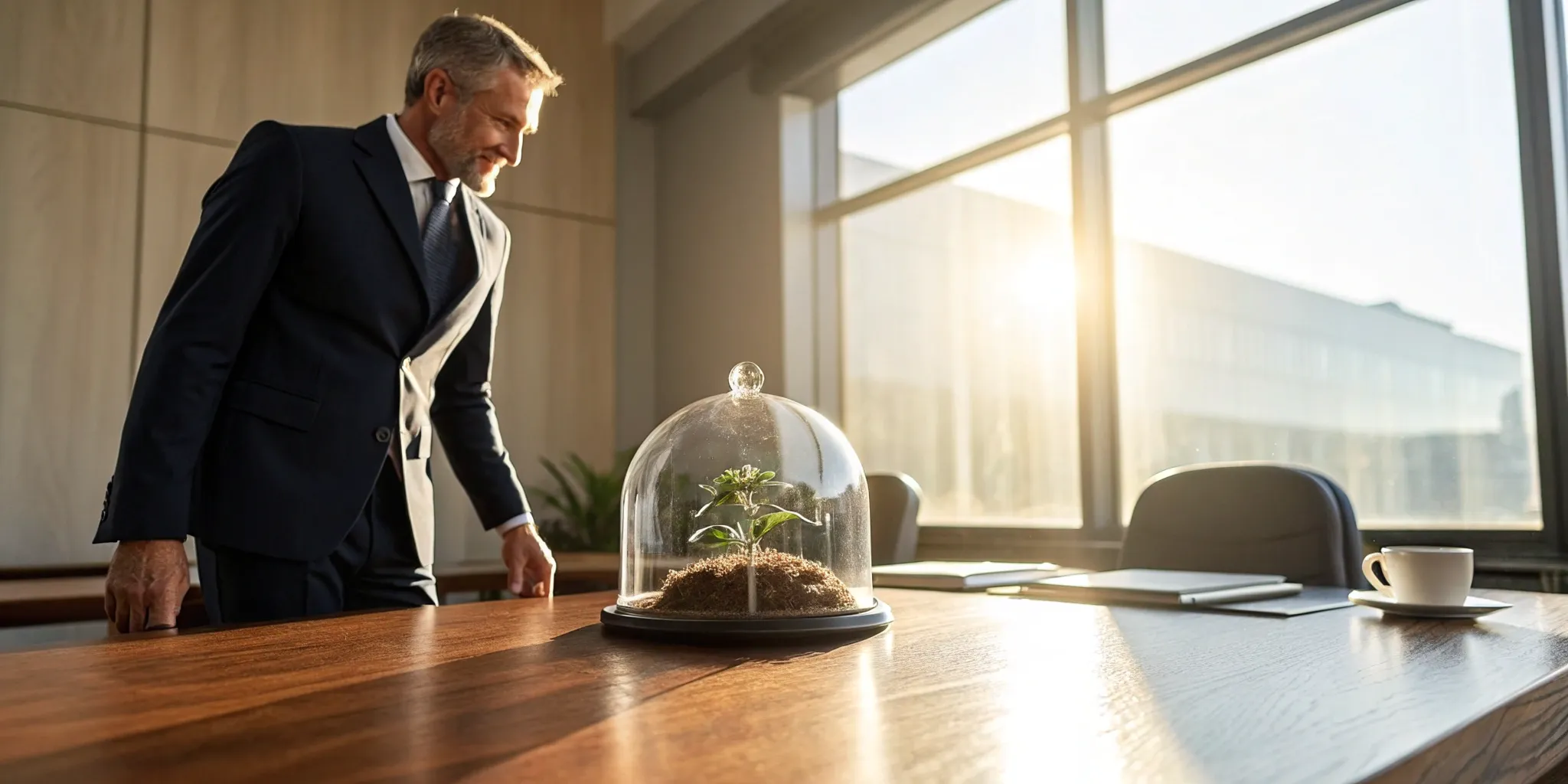 A business leader uses key person life insurance to protect a valuable asset, a plant under a dome.
