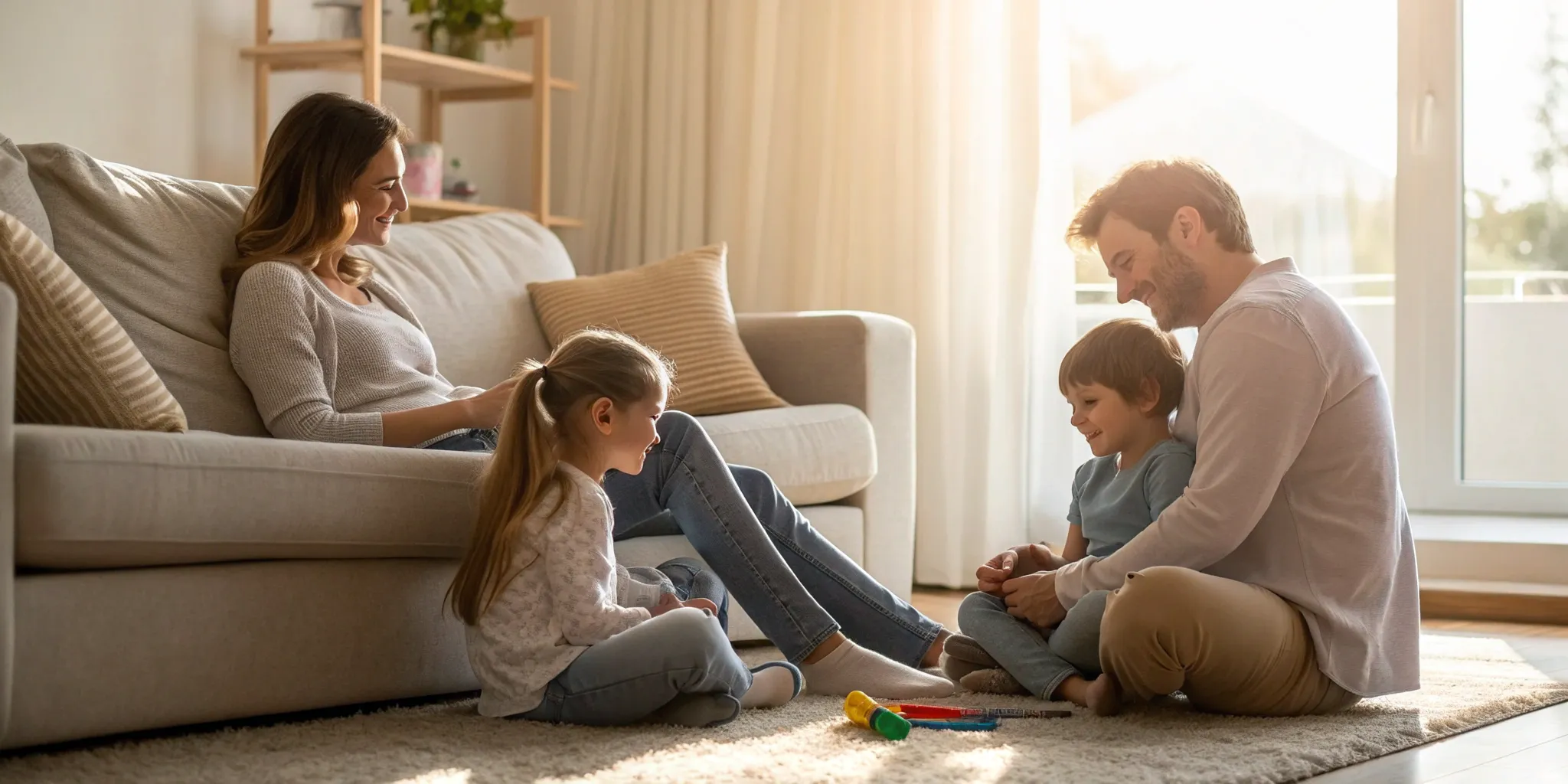 A smiling family in their living room, secured by a family survivor policy.