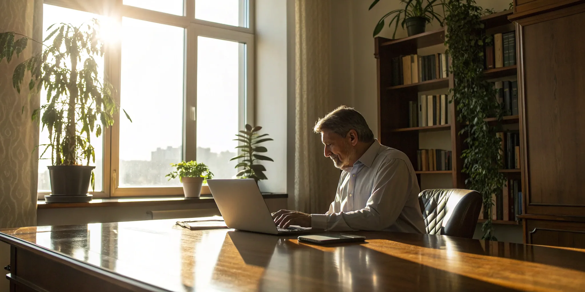 Older man at his desk using a life insurance calculator by age.