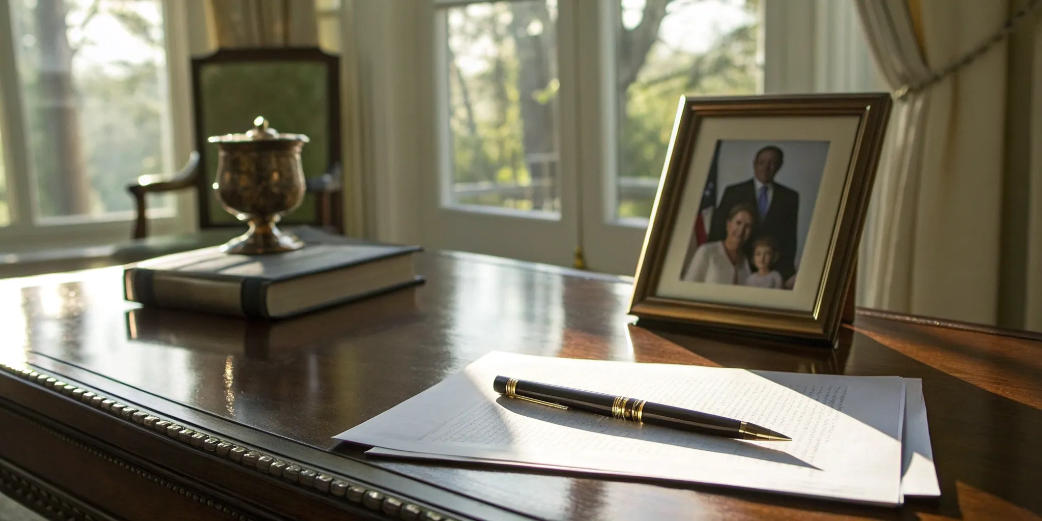 Key person insurance policy for a small business on a desk next to a family photo.