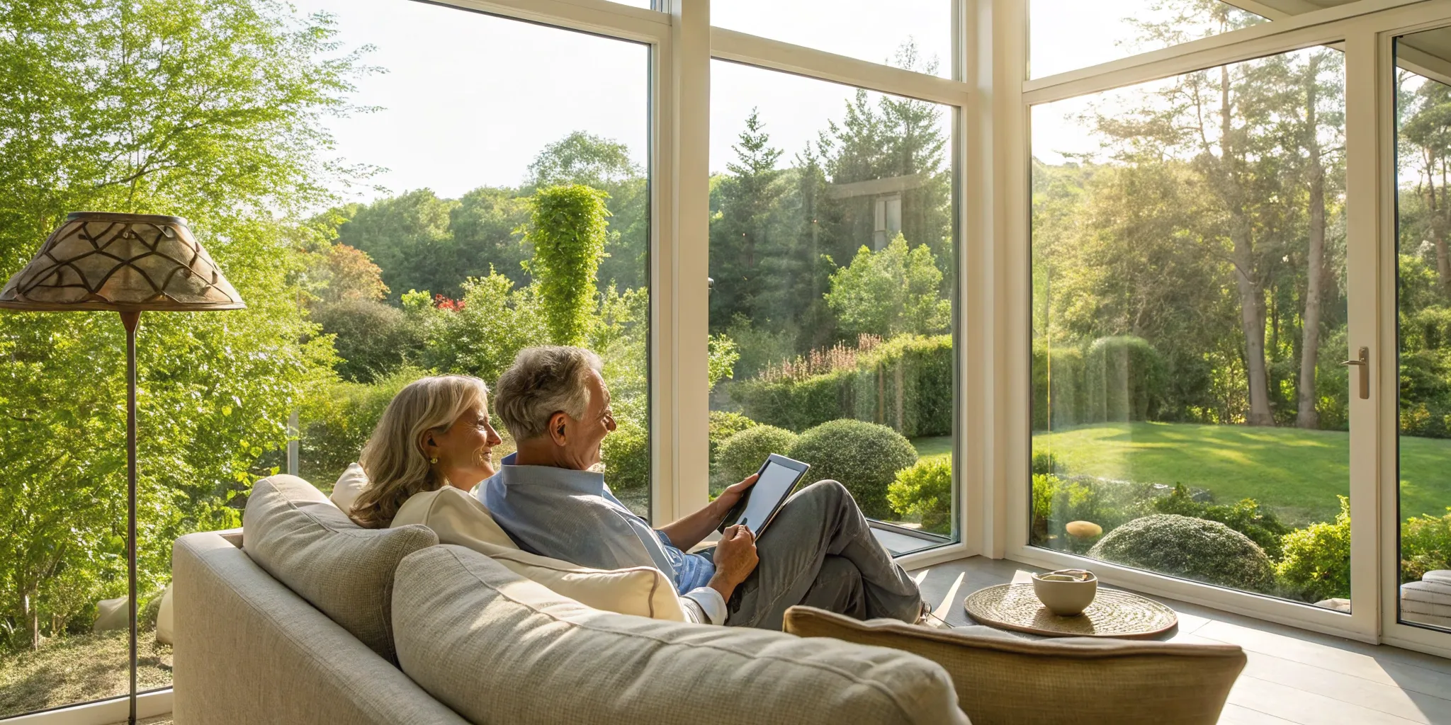 Couple on a sofa using a retirement calculator for couples on a tablet to plan their finances.