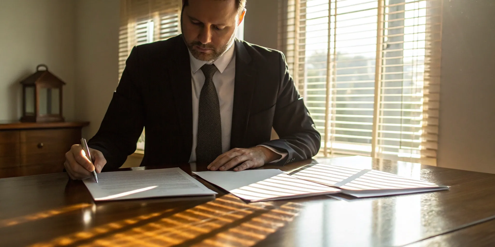 Man at a desk comparing term vs permanent life insurance policies.