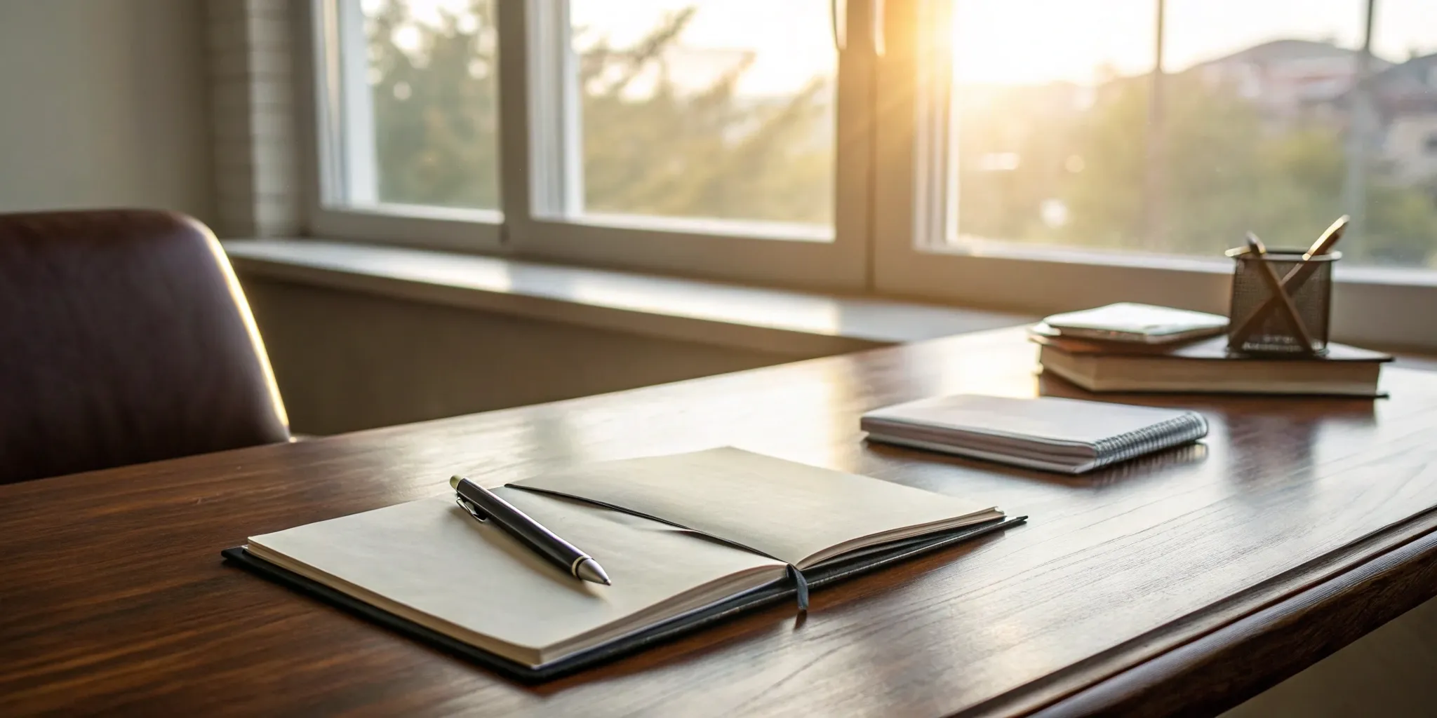 A notebook and pen on a sunlit desk for planning charitable giving with life insurance.