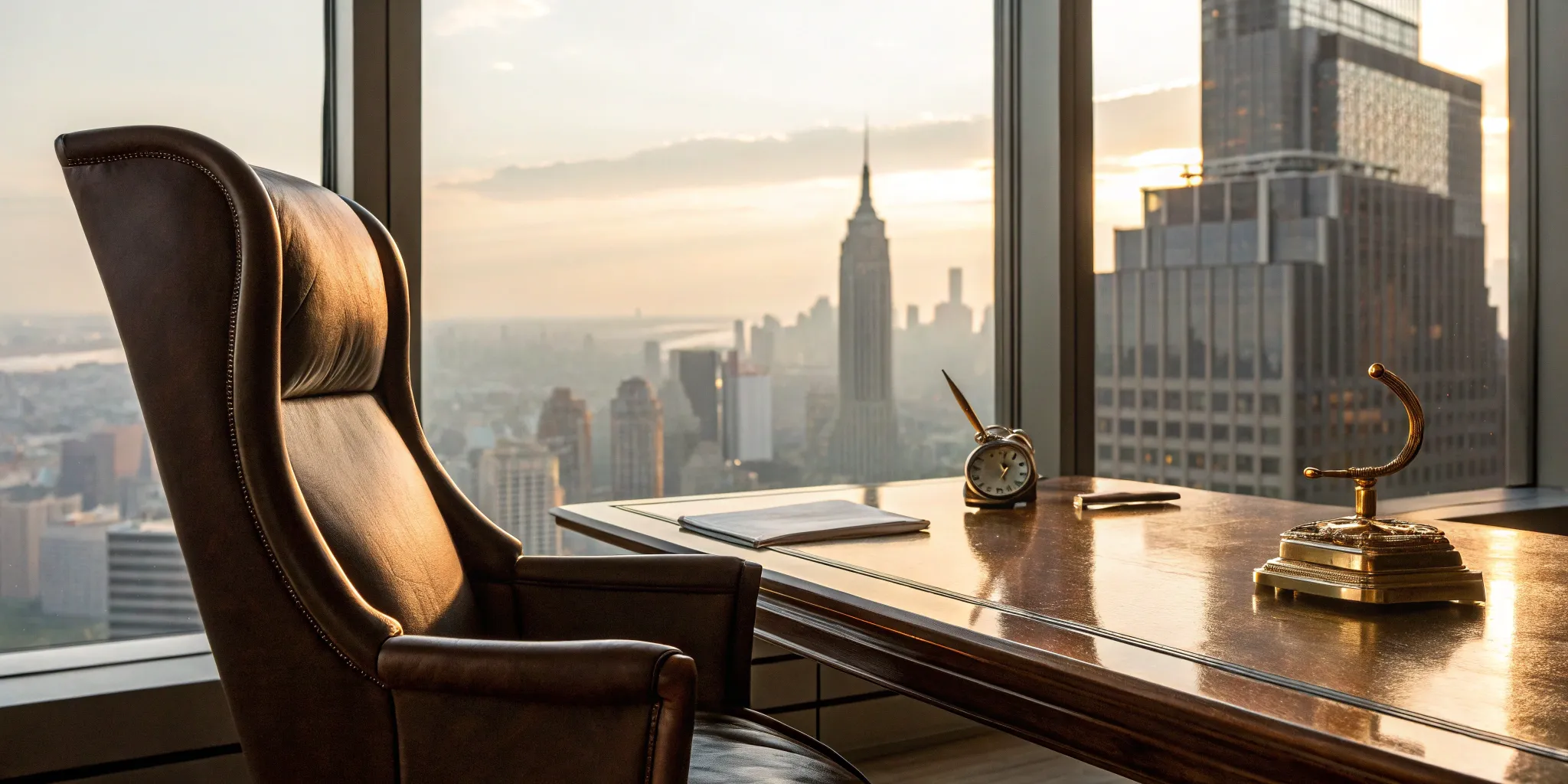 Executive office desk overlooking a city, representing the financial security and wealth built with The AND Asset.