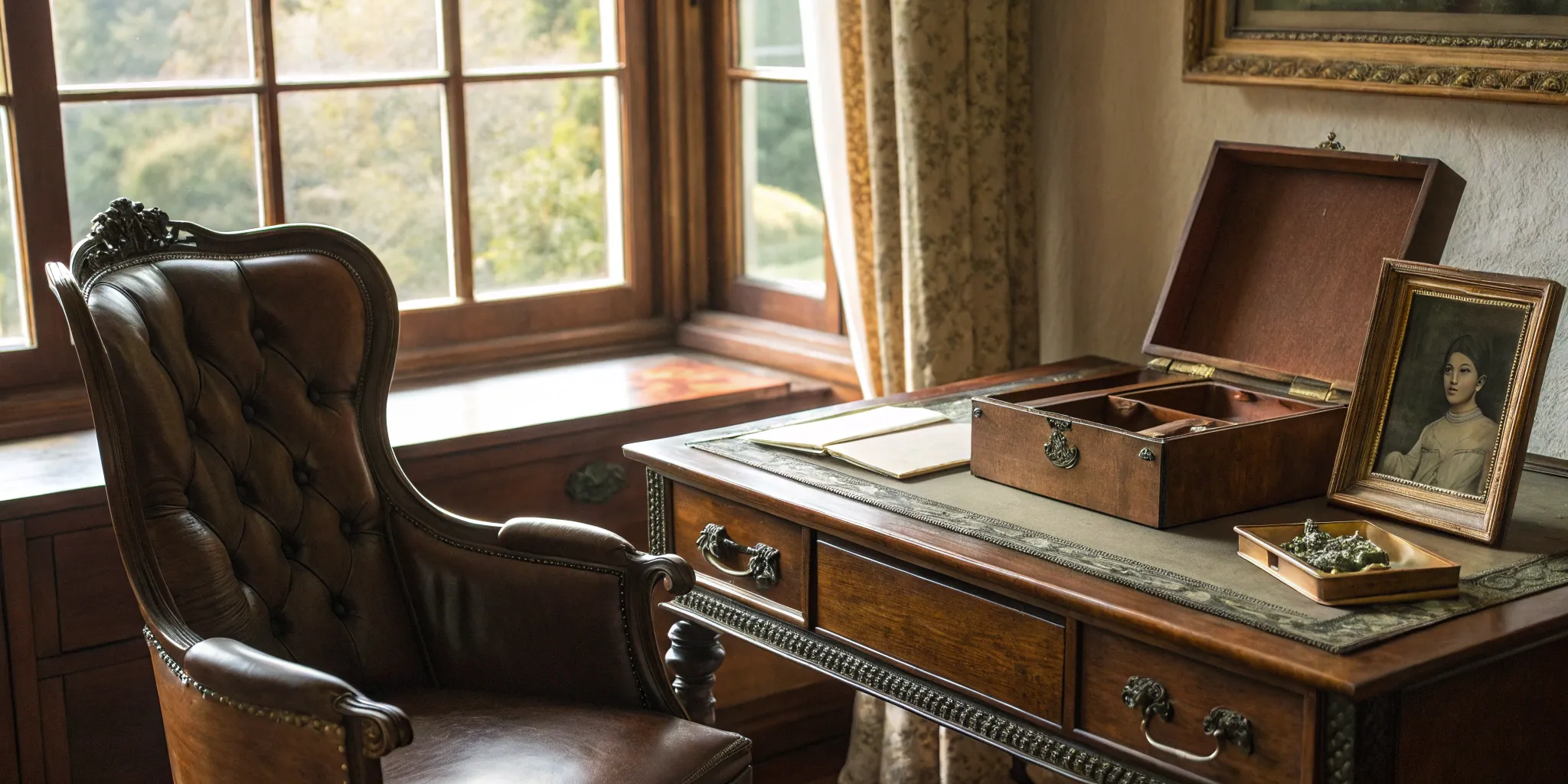 Planning to pass assets to heirs before death at a desk with a family portrait and notebook.