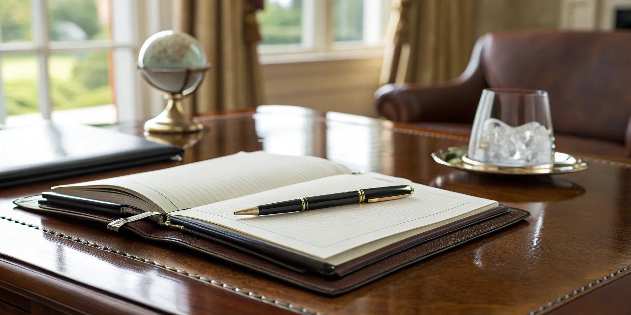 Executive desk with a notebook for planning capital premium financing.