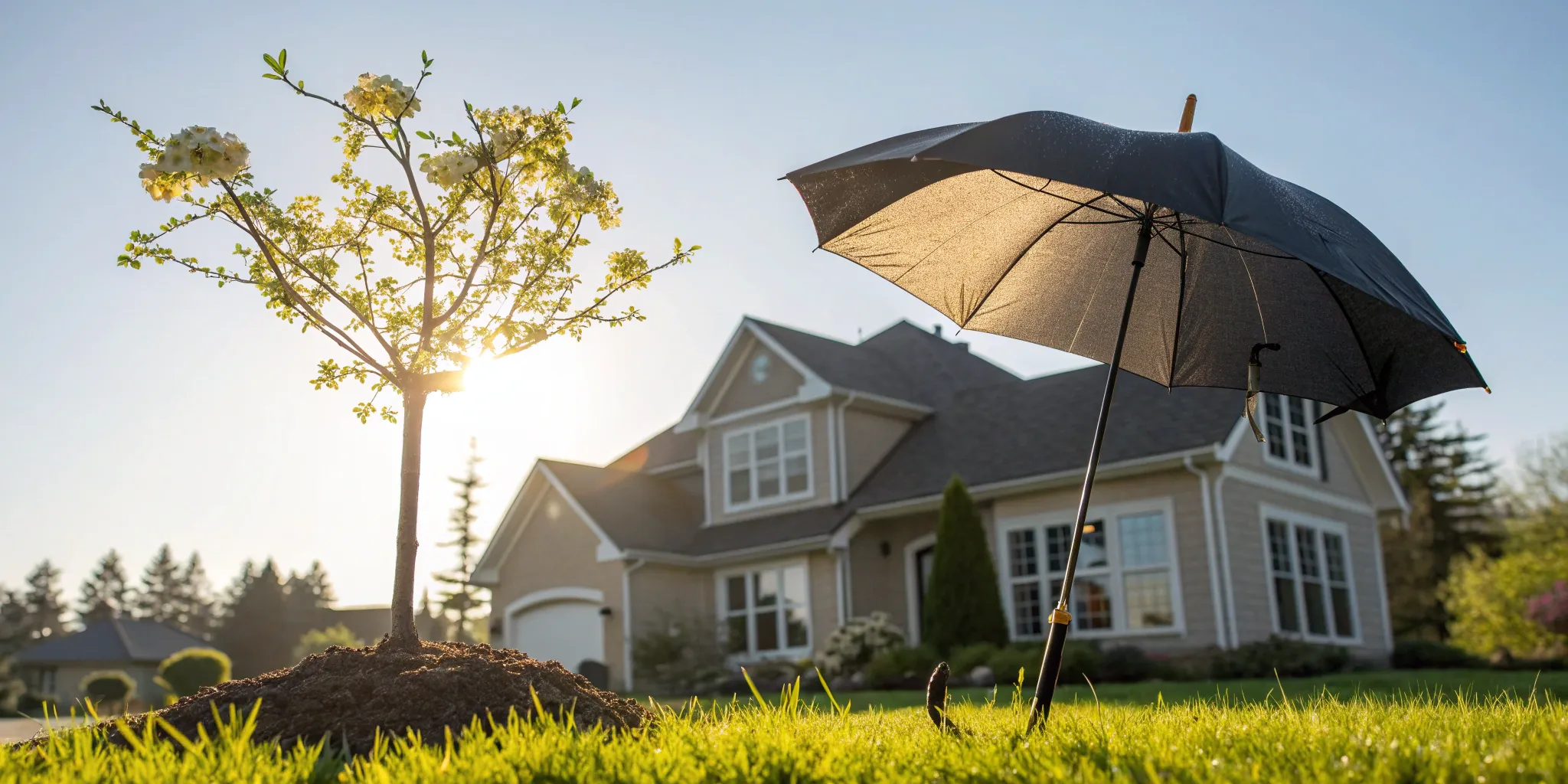 A home with a young tree and umbrella, protected by renewable term insurance.