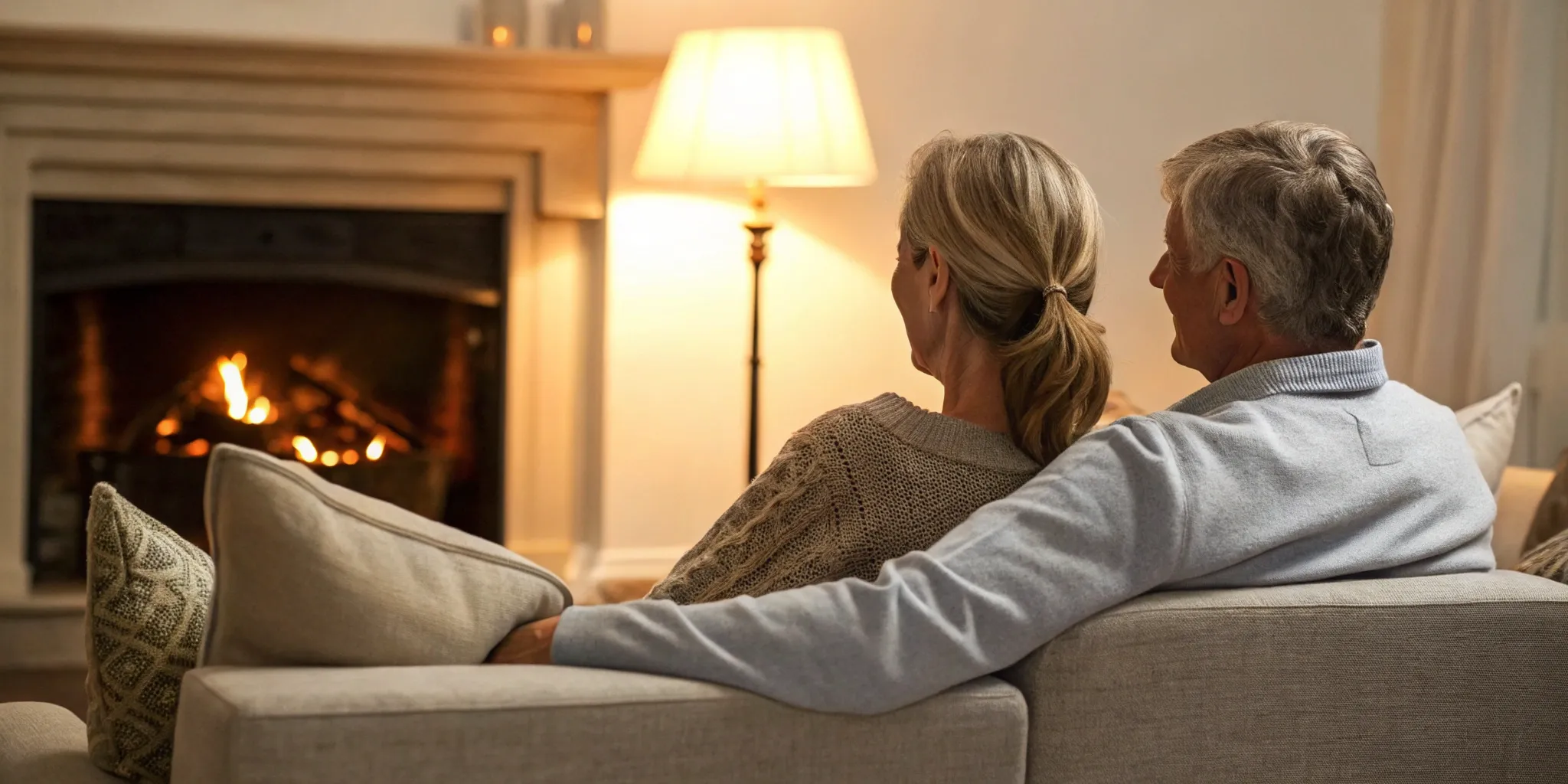 Senior couple relaxing by a fireplace, secure with a minimum income guarantee for pensioners.