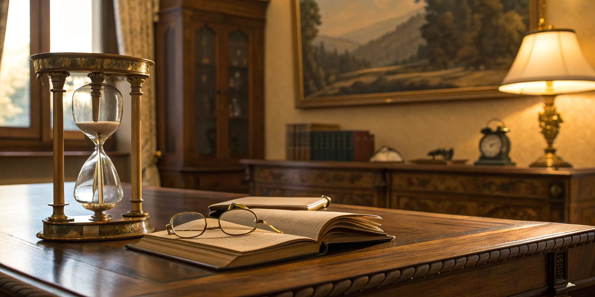 An hourglass and book used for calculating the cost of second to die life insurance.