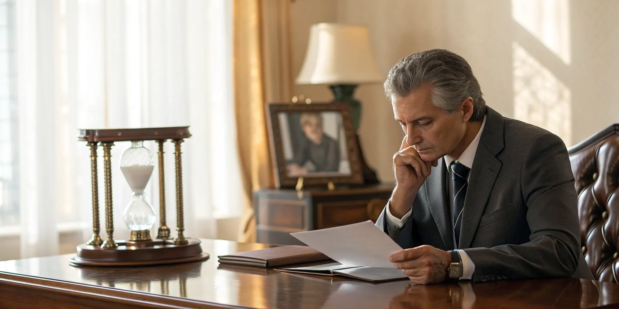 Man at a desk reviewing documents for a survivorship life policy premium.