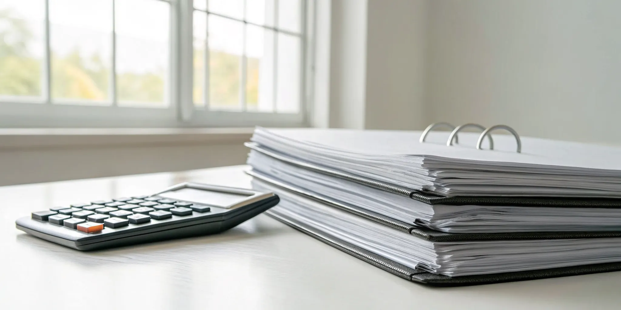 Calculator and binders on a desk for planning the best retirement accounts for high income earners.