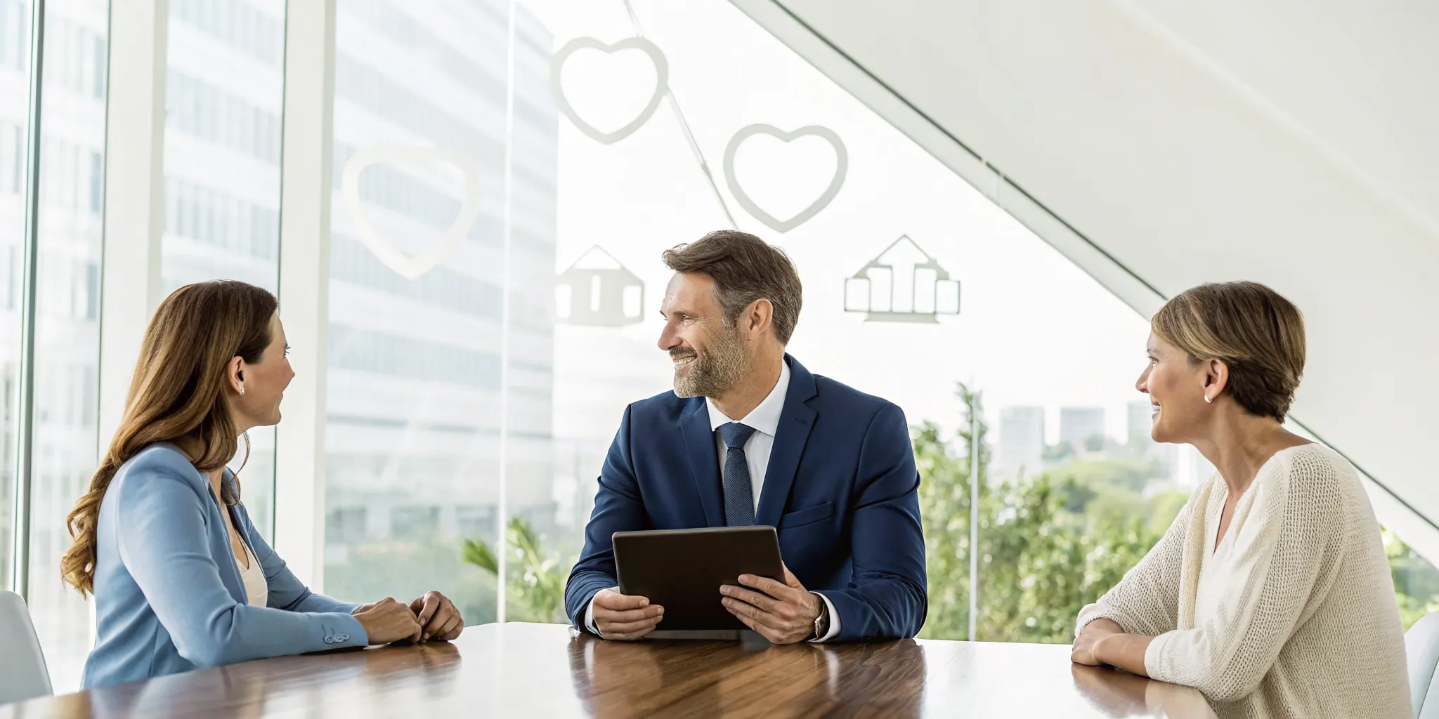 People at a table discussing using their life insurance benefits while alive.