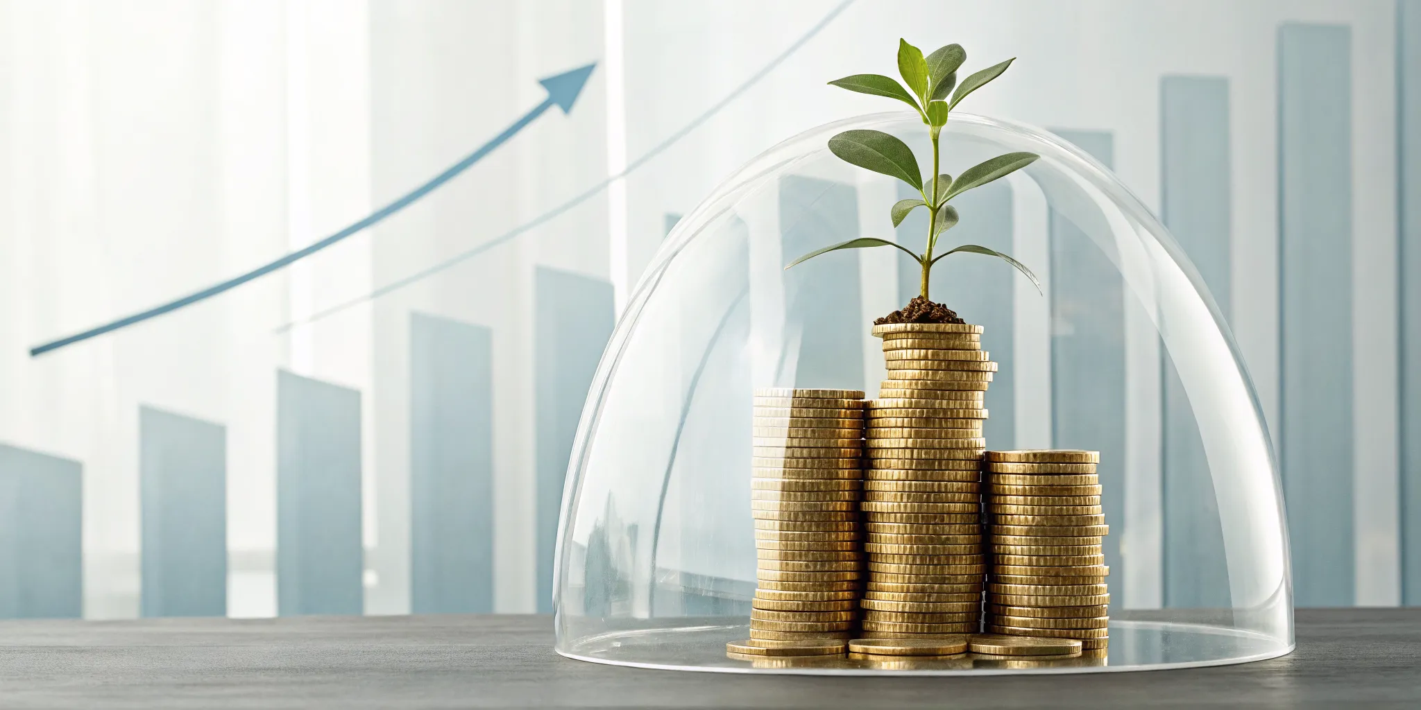 A plant growing from a stack of coins under a glass dome, a visual of cash value in whole life insurance.