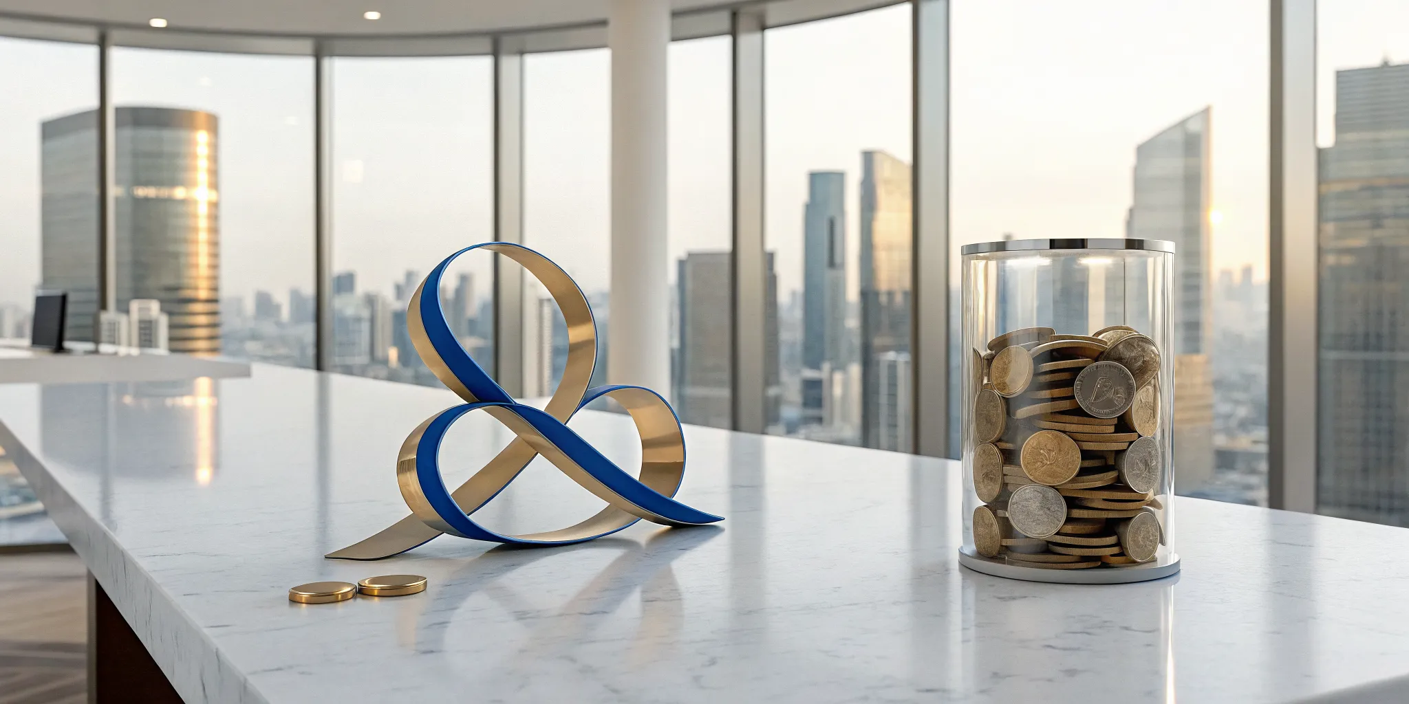 The infinite banking concept visualized with a jar of coins and an infinity symbol on a desk.