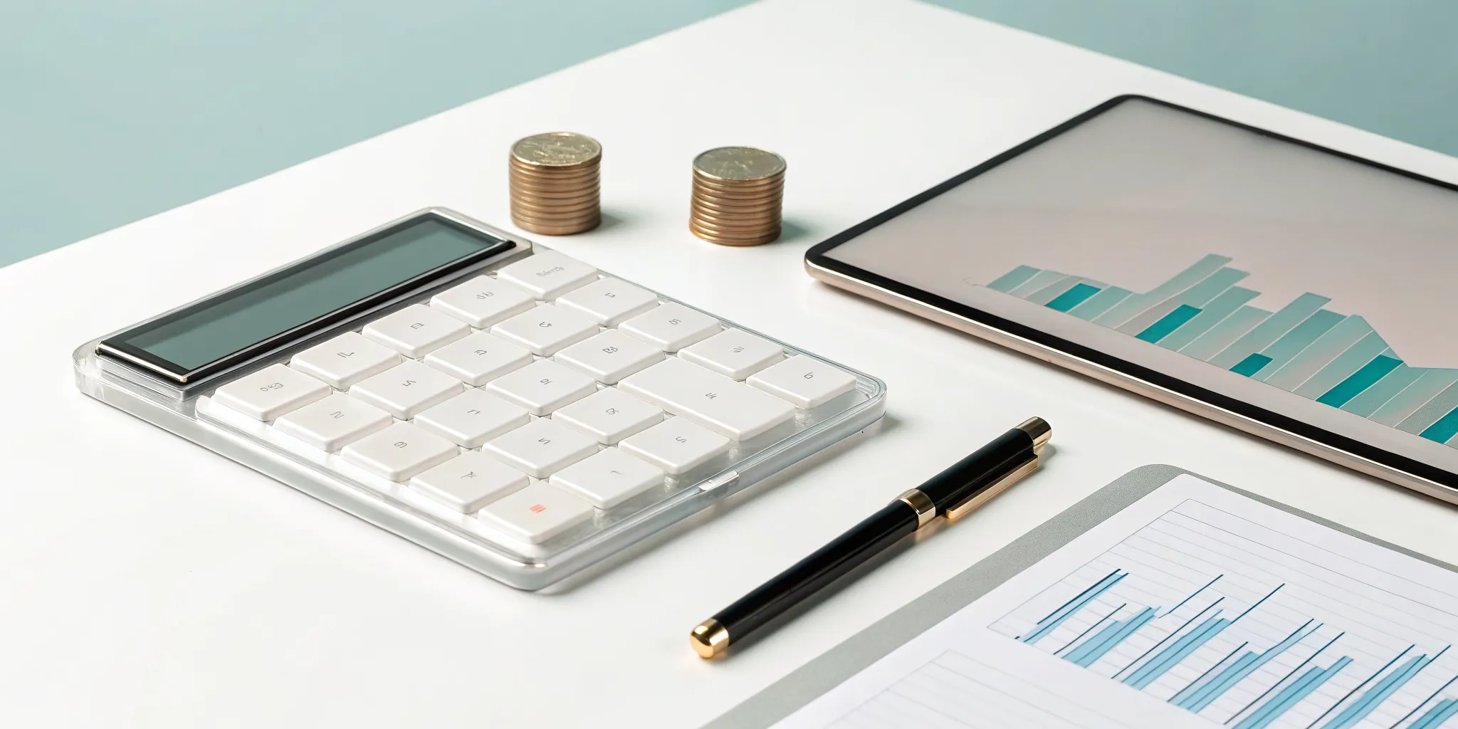A desk with a calculator, charts, and coins for calculating insurance premium financing rates.