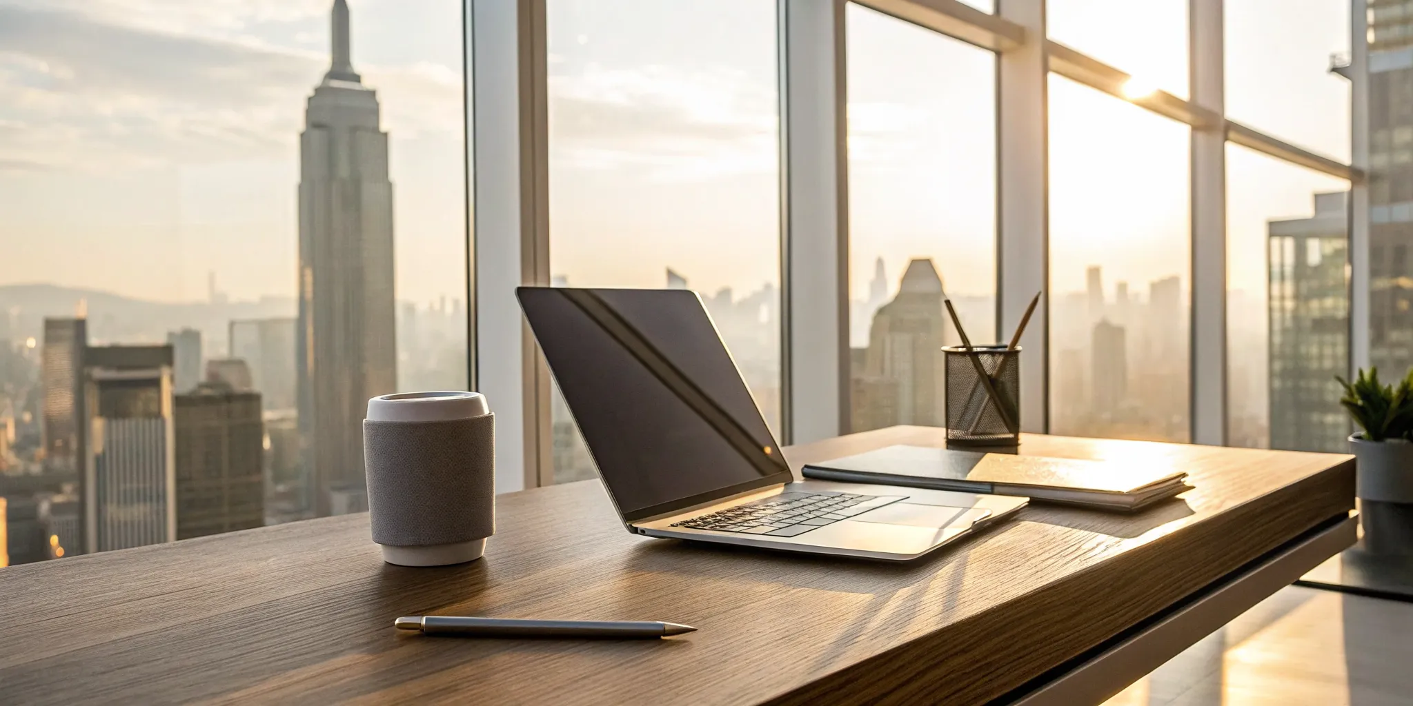 A business owner at a modern desk researching infinite banking for their company.