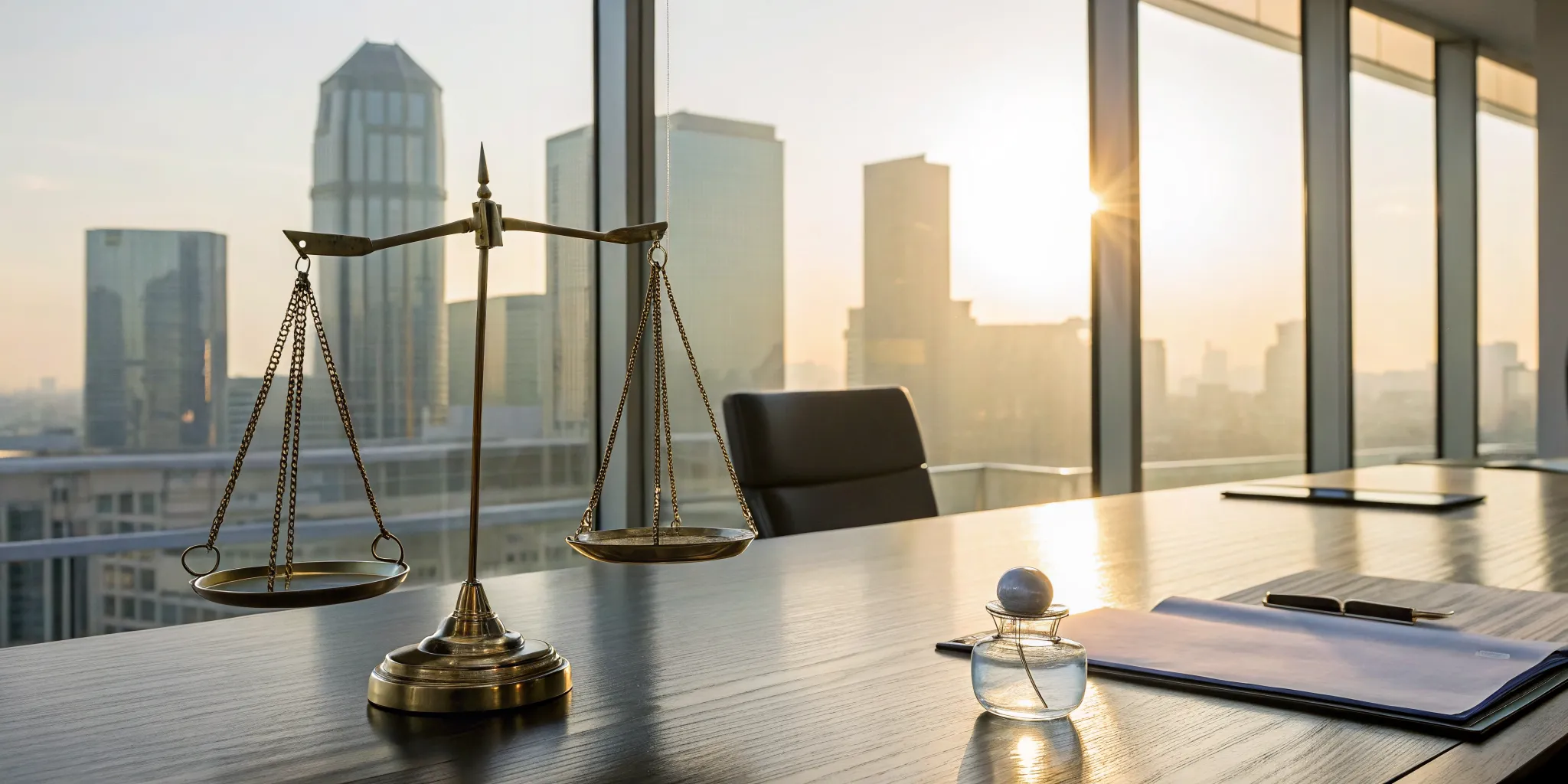 Scales of justice on a corporate desk, balancing the ethics of corporate-owned life insurance.