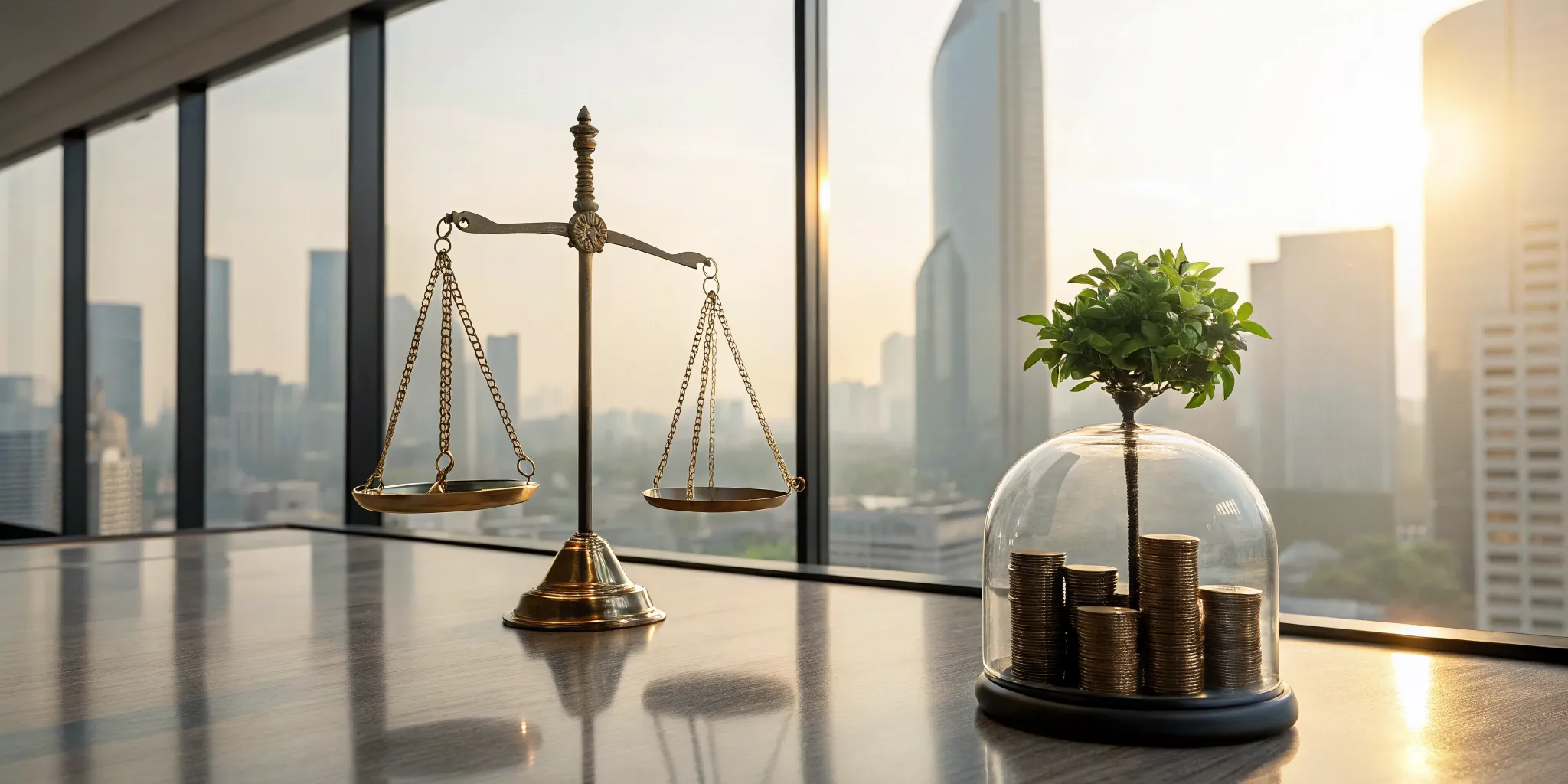 Scales of justice weighing coins to represent the pros and cons of premium financing life insurance.