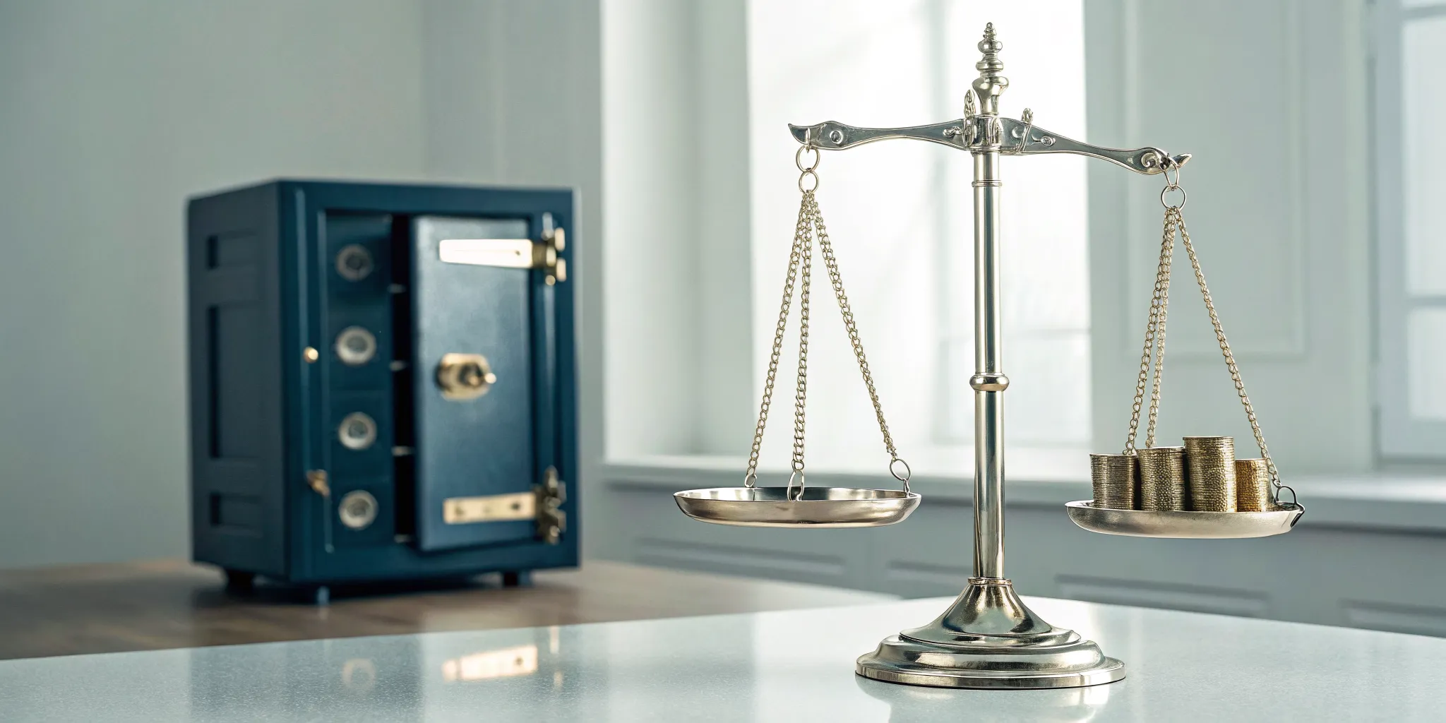 Balance scale with coins and a safe weighing the pros and cons of overfunded whole life insurance.