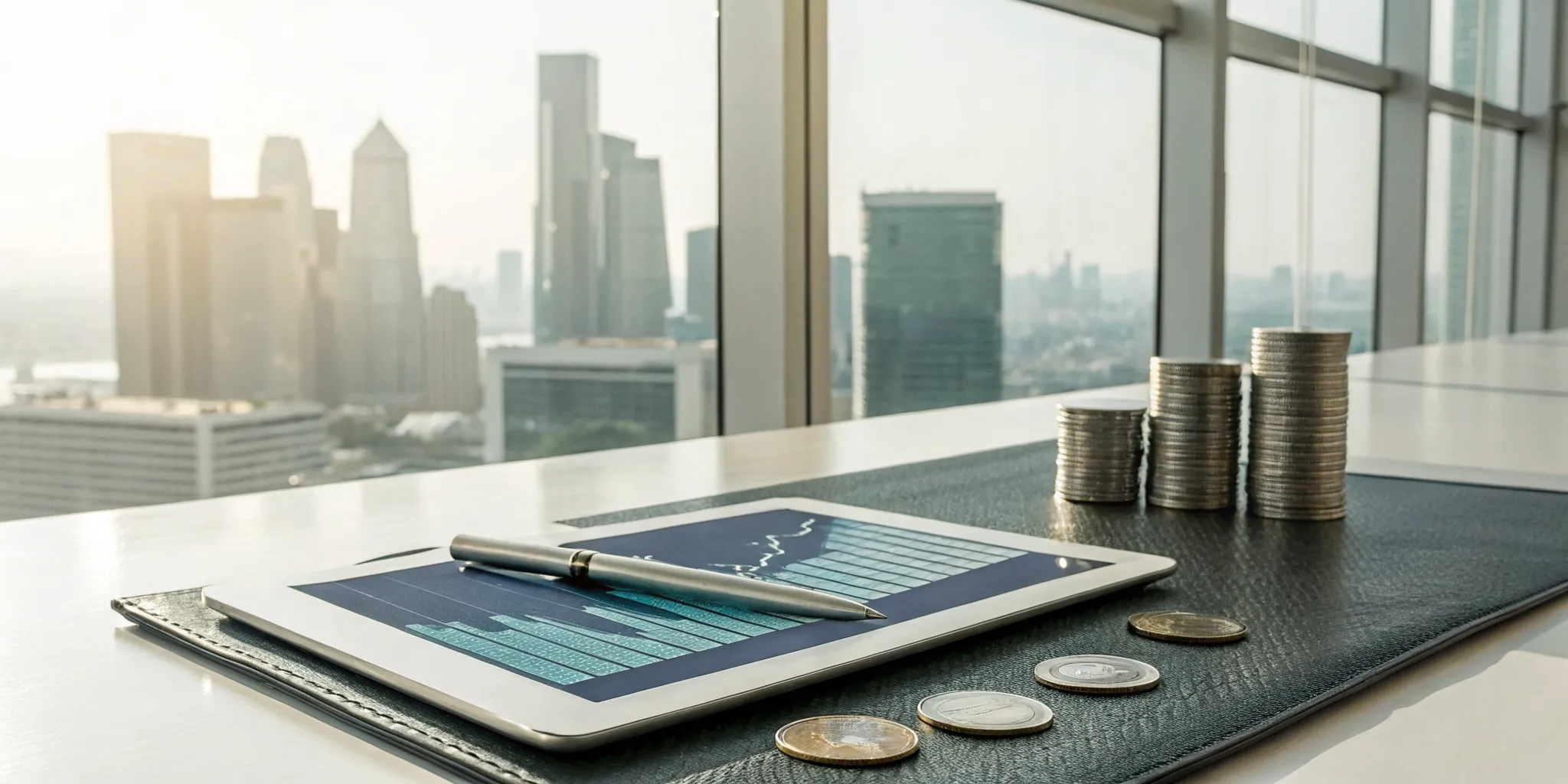 A tablet with a financial chart used to analyze premium financing rates on an office desk.