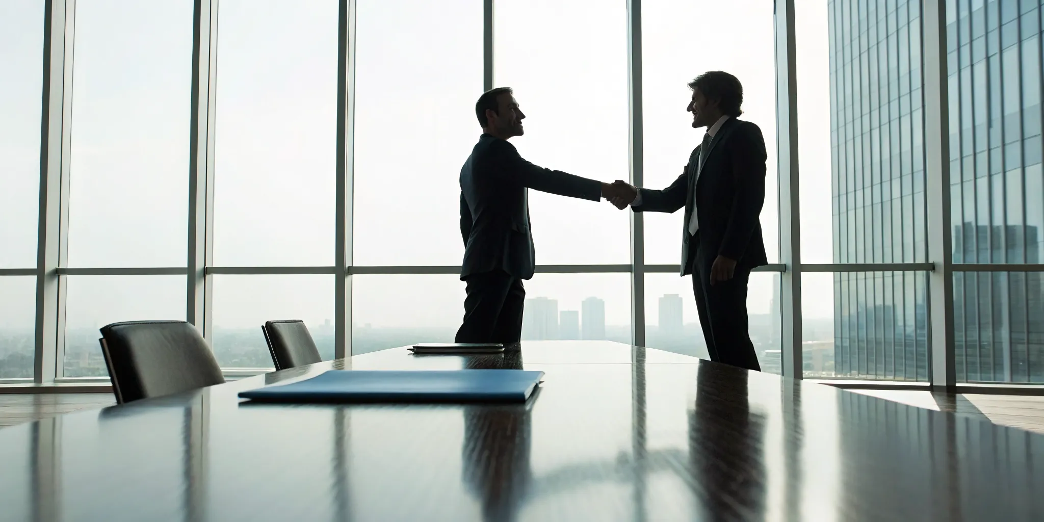 Two partners shake hands, securing their buy-sell agreement with term or permanent life insurance.