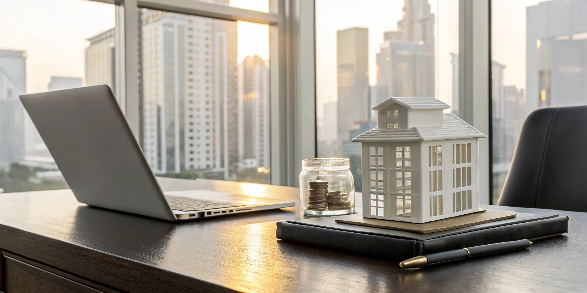 A model house and coins on a desk, used to invest in real estate with life insurance cash value.