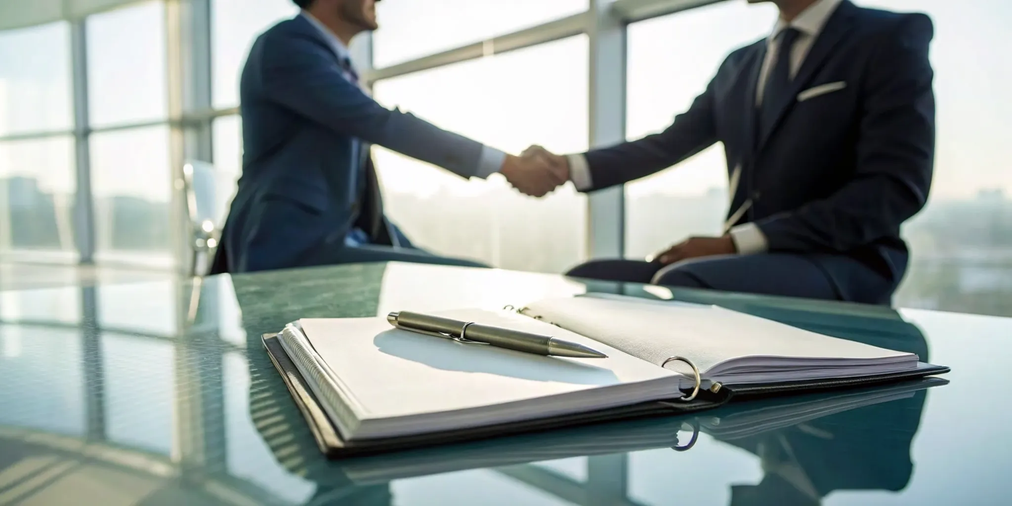 Business partners shaking hands after signing a life insurance buy-sell agreement.
