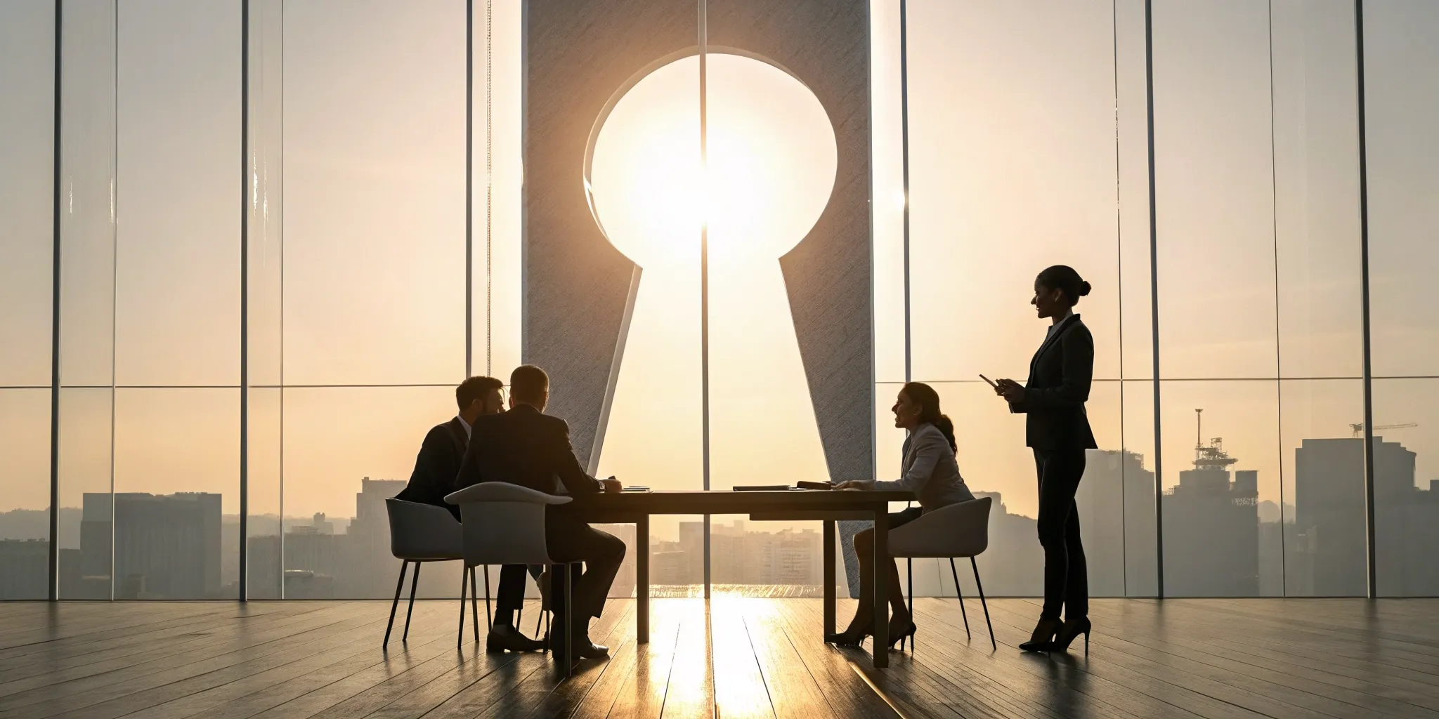 A small business team in a meeting about key man insurance, viewed through a keyhole.