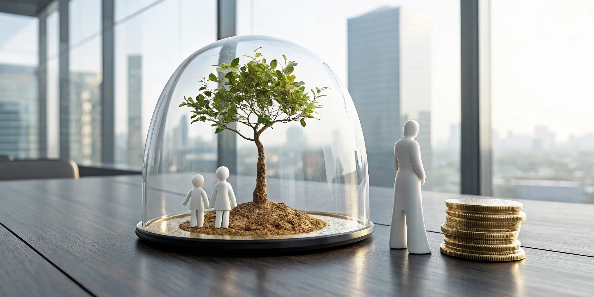 A family under a tree of coins, showing the protection and growth of a whole life insurance policy.