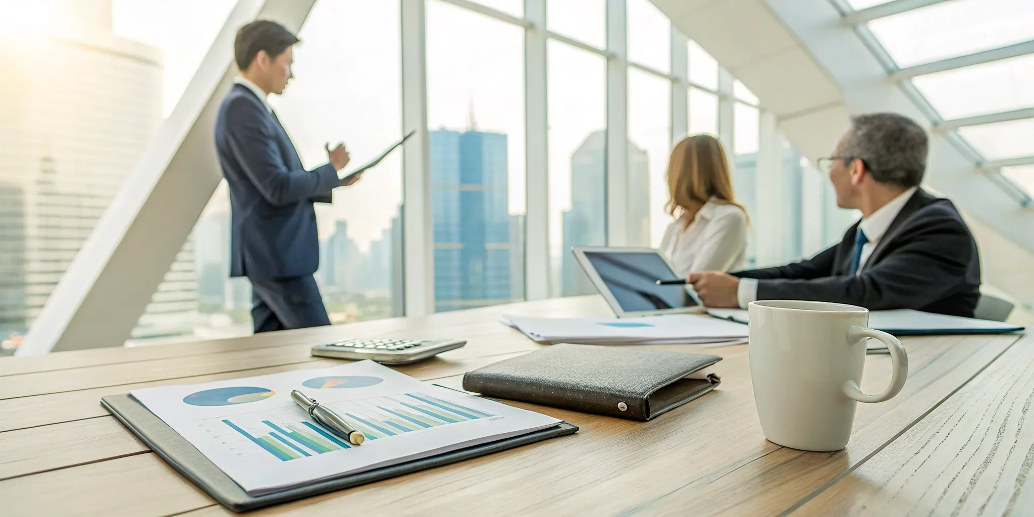 Professionals review charts to find a financial advisor for charitable trust planning.